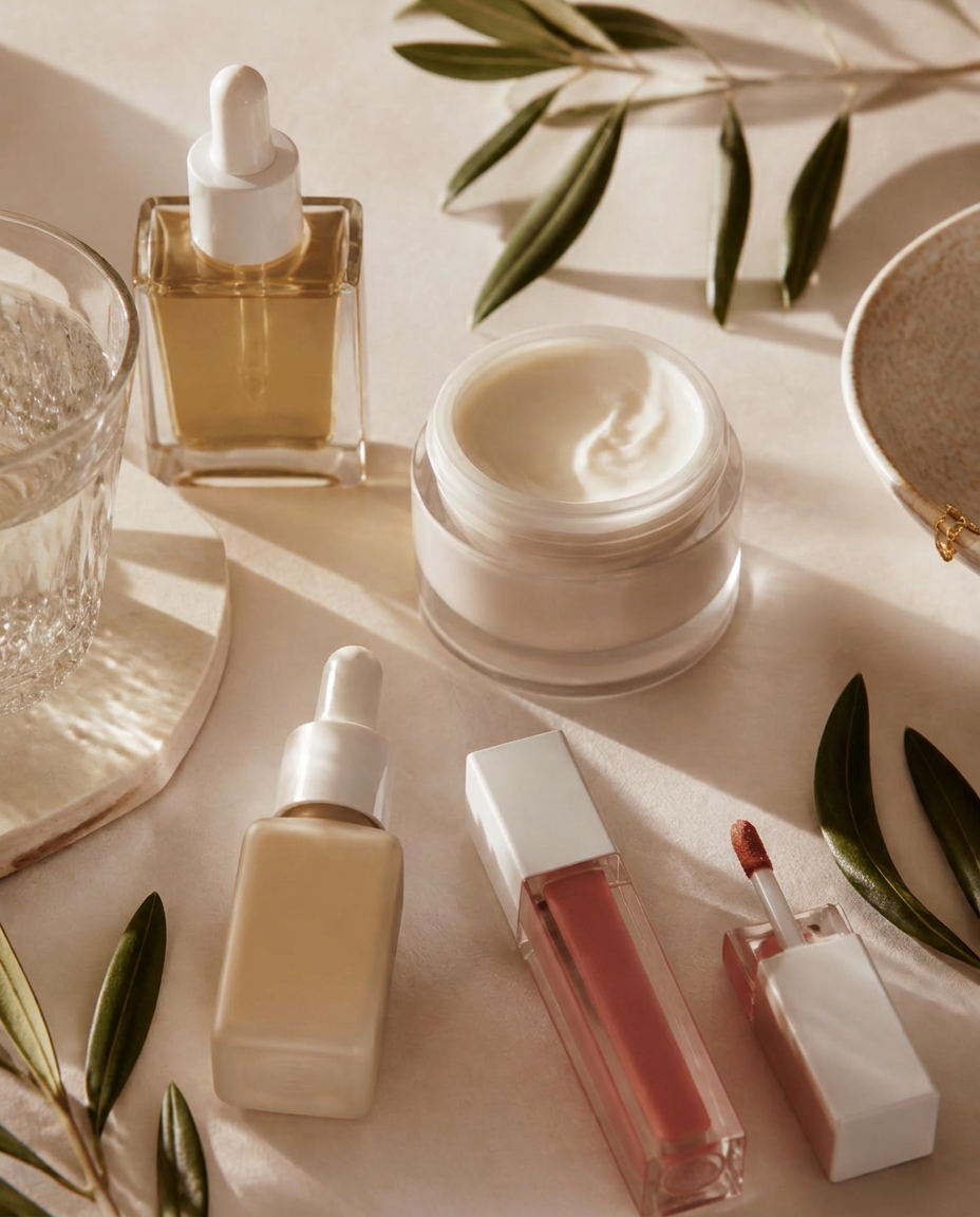 Australian beauty brand product creative — skincare and cosmetics flat lay